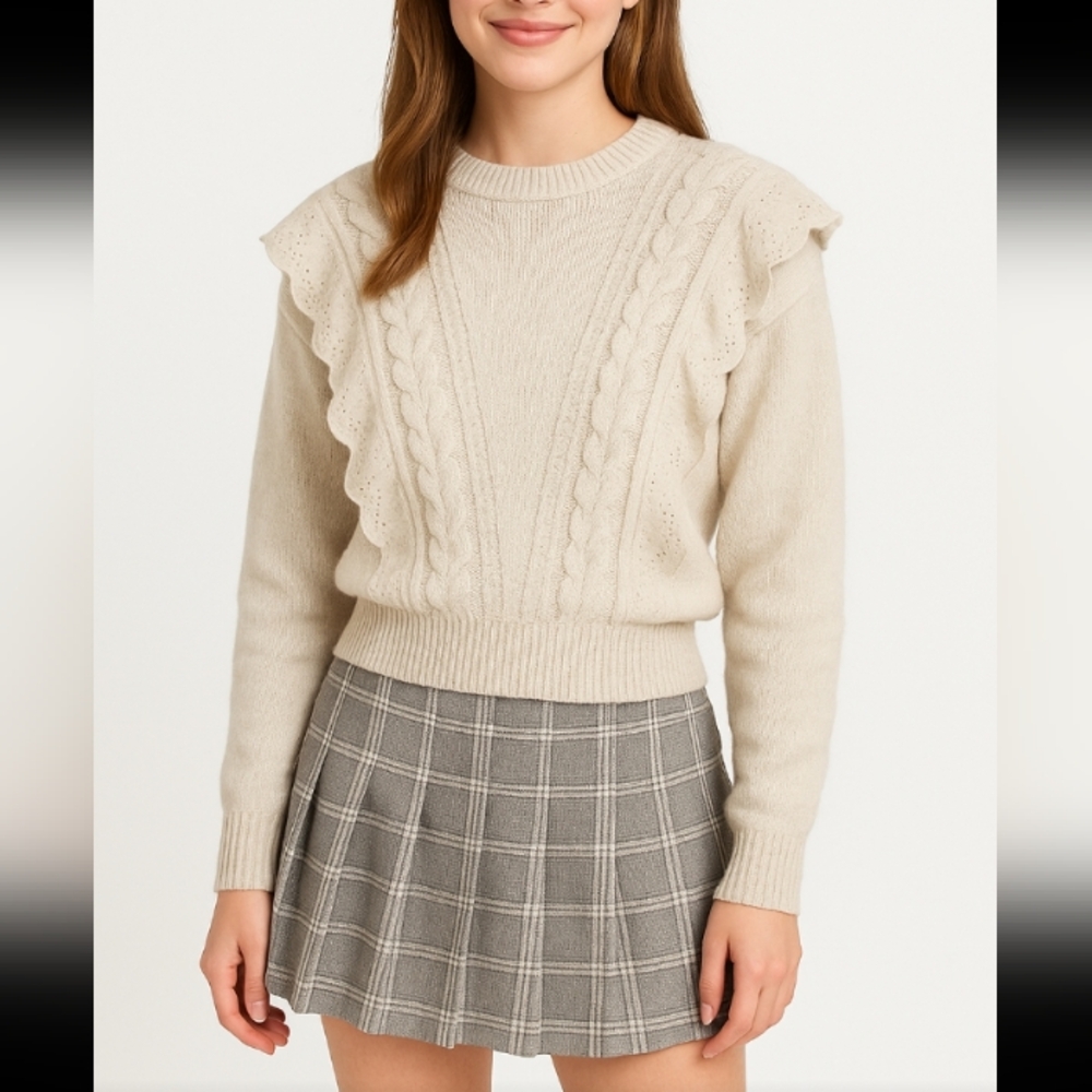 Marfinno Beige Cable Knit Ruffle Lace Sweater Shabby Chic Twer Size Small‎